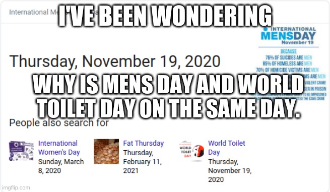 I'VE BEEN WONDERING; WHY IS MENS DAY AND WORLD TOILET DAY ON THE SAME DAY. | image tagged in memes,funny,quarantine | made w/ Imgflip meme maker