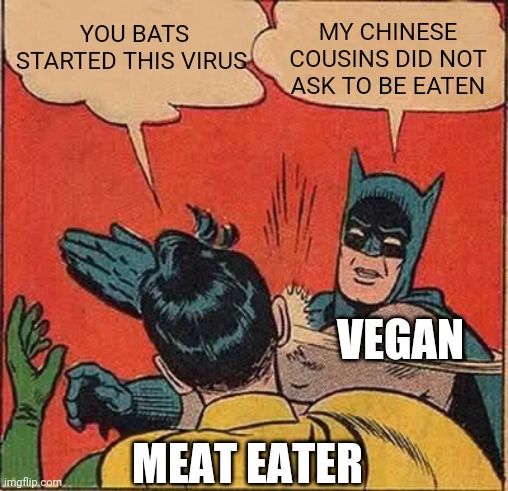 Vegan beats Meat | YOU BATS STARTED THIS VIRUS; MY CHINESE COUSINS DID NOT ASK TO BE EATEN; VEGAN; MEAT EATER | image tagged in memes,batman slapping robin,coronavirus,corona,corona virus,covid-19 | made w/ Imgflip meme maker