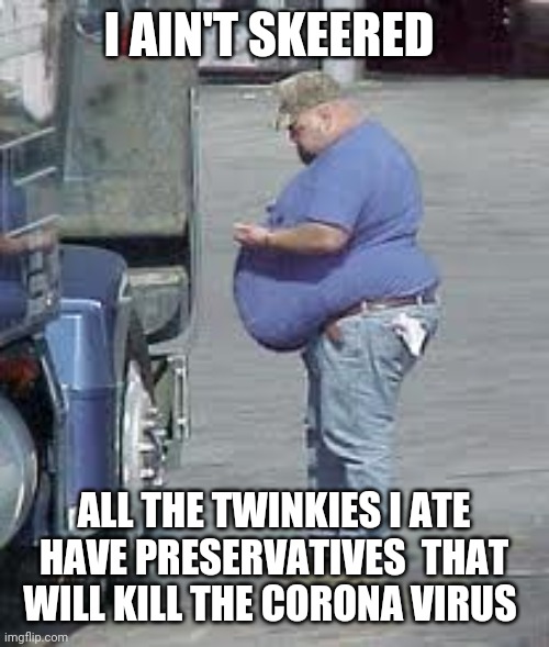 Twinkie logic | I AIN'T SKEERED; ALL THE TWINKIES I ATE HAVE PRESERVATIVES  THAT WILL KILL THE CORONA VIRUS | image tagged in memes | made w/ Imgflip meme maker