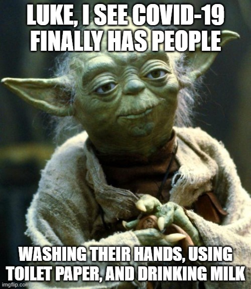 Star Wars Yoda Meme | LUKE, I SEE COVID-19 FINALLY HAS PEOPLE; WASHING THEIR HANDS, USING TOILET PAPER, AND DRINKING MILK | image tagged in memes,star wars yoda | made w/ Imgflip meme maker