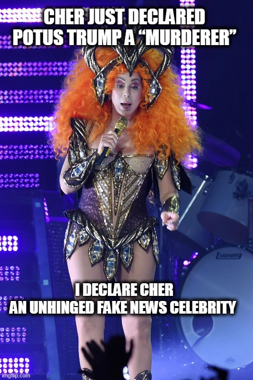 Too bad Sonny isn't here to set her straight... | CHER JUST DECLARED POTUS TRUMP A “MURDERER”; I DECLARE CHER AN UNHINGED FAKE NEWS CELEBRITY | image tagged in politics,political meme,celebrity,democrat,donald trump,stupid liberals | made w/ Imgflip meme maker