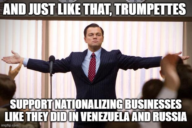 wolf of wallstreet | AND JUST LIKE THAT, TRUMPETTES; SUPPORT NATIONALIZING BUSINESSES LIKE THEY DID IN VENEZUELA AND RUSSIA | image tagged in wolf of wallstreet | made w/ Imgflip meme maker