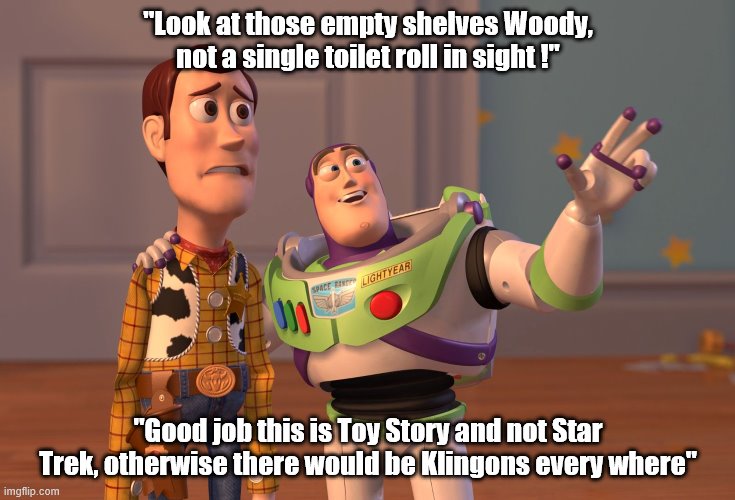 X, X Everywhere Meme | "Look at those empty shelves Woody, not a single toilet roll in sight !"; "Good job this is Toy Story and not Star Trek, otherwise there would be Klingons every where" | image tagged in memes,x x everywhere | made w/ Imgflip meme maker