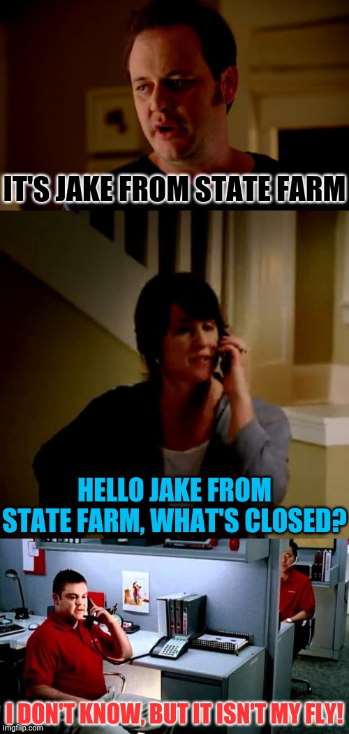 IT'S JAKE FROM STATE FARM I DON'T KNOW, BUT IT ISN'T MY FLY! HELLO JAKE FROM STATE FARM, WHAT'S CLOSED? | made w/ Imgflip meme maker