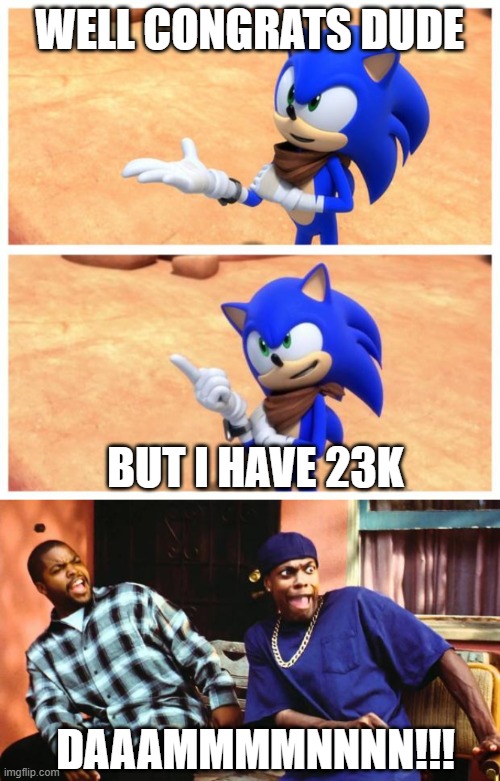 WELL CONGRATS DUDE BUT I HAVE 23K DAAAMMMMNNNN!!! | image tagged in sonic boom | made w/ Imgflip meme maker