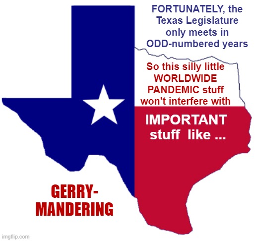 While You Were Out ... | FORTUNATELY, the
Texas Legislature only meets in
ODD-numbered years; So this silly little
WORLDWIDE
PANDEMIC stuff
won't interfere with; IMPORTANT
 stuff  like ... GERRY-
MANDERING | image tagged in memes,texas,coronavirus,rick75230,politics | made w/ Imgflip meme maker