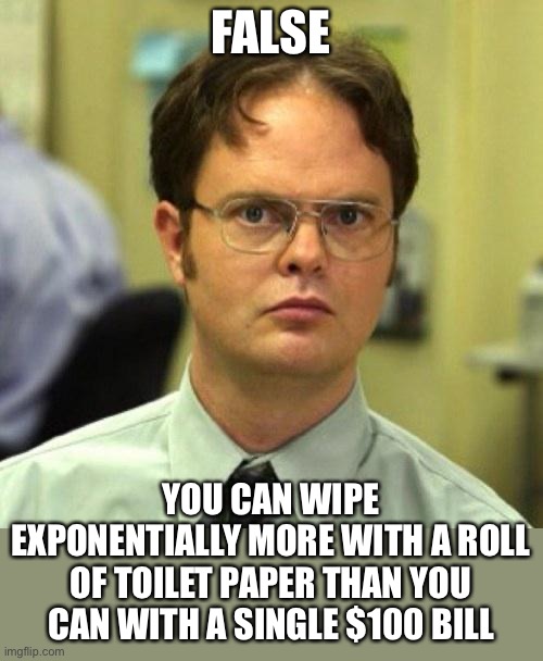 False | FALSE YOU CAN WIPE EXPONENTIALLY MORE WITH A ROLL OF TOILET PAPER THAN YOU CAN WITH A SINGLE $100 BILL | image tagged in false | made w/ Imgflip meme maker