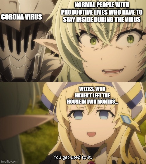 NORMAL PEOPLE WITH PRODUCTIVE LIVES WHO HAVE TO STAY INSIDE DURING THE VIRUS; CORONA VIRUS; WEEBS, WHO HAVEN'T LEFT THE HOUSE IN TWO MONTHS... | image tagged in funny,coronavirus,weebs,quarantine | made w/ Imgflip meme maker