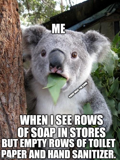 Surprised Koala Meme | ME; BOIIIII WHAT YOU DOING; WHEN I SEE ROWS OF SOAP IN STORES; BUT EMPTY ROWS OF TOILET PAPER AND HAND SANITIZER. | image tagged in memes,surprised koala | made w/ Imgflip meme maker