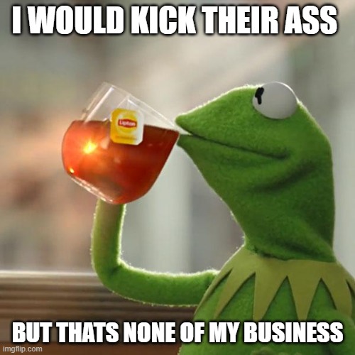 But That's None Of My Business Meme | I WOULD KICK THEIR ASS; BUT THATS NONE OF MY BUSINESS | image tagged in memes,but thats none of my business,kermit the frog | made w/ Imgflip meme maker