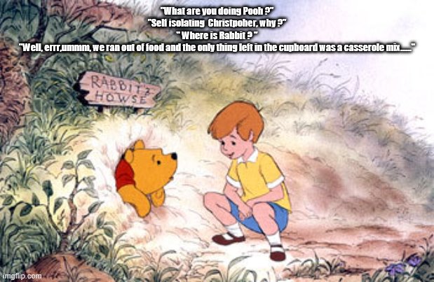 Pooh Bear stuck in Rabbit's House | "What are you doing Pooh ?"
"Self isolating  Christpoher, why ?"
" Where is Rabbit ? "
"Well, errr,ummm, we ran out of food and the only thing left in the cupboard was a casserole mix...…" | image tagged in pooh bear stuck in rabbit's house | made w/ Imgflip meme maker