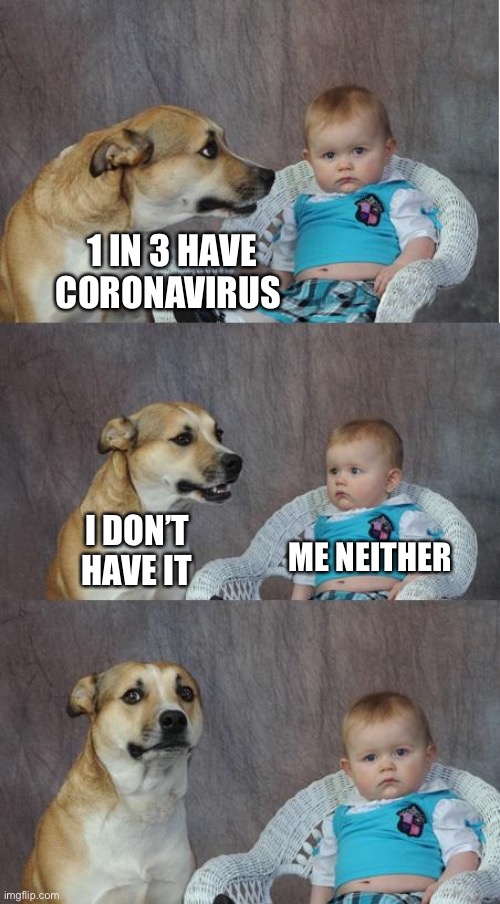 Bad joke dog | 1 IN 3 HAVE CORONAVIRUS; I DON’T HAVE IT; ME NEITHER | image tagged in bad joke dog,memes,coronavirus | made w/ Imgflip meme maker