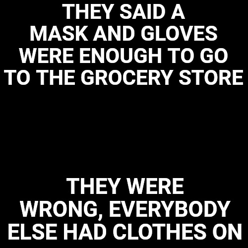 My mistake .... | THEY SAID A MASK AND GLOVES WERE ENOUGH TO GO TO THE GROCERY STORE; THEY WERE WRONG, EVERYBODY ELSE HAD CLOTHES ON | image tagged in black blank,coronavirus | made w/ Imgflip meme maker