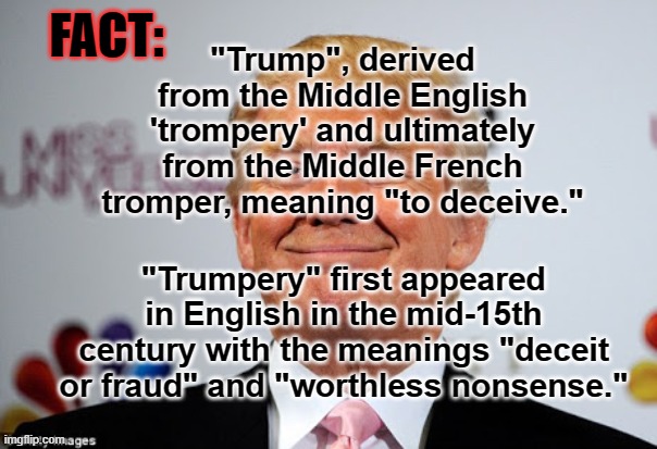 Donald trump approves | FACT:; "Trump", derived from the Middle English 'trompery' and ultimately from the Middle French tromper, meaning "to deceive."; "Trumpery" first appeared in English in the mid-15th century with the meanings "deceit or fraud" and "worthless nonsense." | image tagged in donald trump approves | made w/ Imgflip meme maker