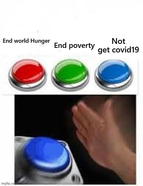 Red Green Blue Buttons | Not get covid19; End poverty; End world Hunger | image tagged in red green blue buttons | made w/ Imgflip meme maker