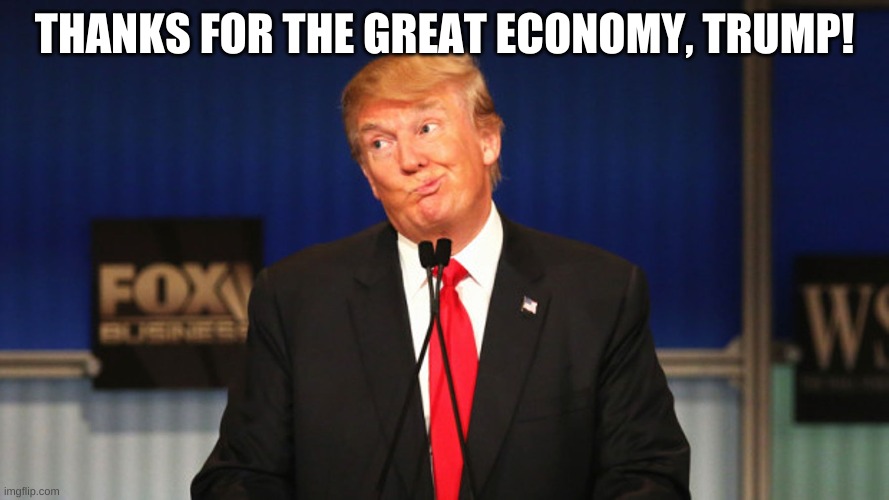 Trump silly stupid foolish | THANKS FOR THE GREAT ECONOMY, TRUMP! | image tagged in trump silly stupid foolish | made w/ Imgflip meme maker