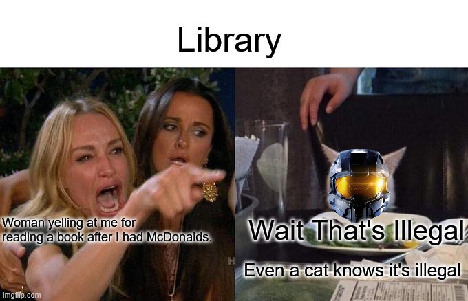 Woman Yelling At Cat | Library; Wait That's Illegal; Woman yelling at me for reading a book after I had McDonalds. Even a cat knows it's illegal | image tagged in memes,woman yelling at cat,wait thats illegal,cat,library | made w/ Imgflip meme maker