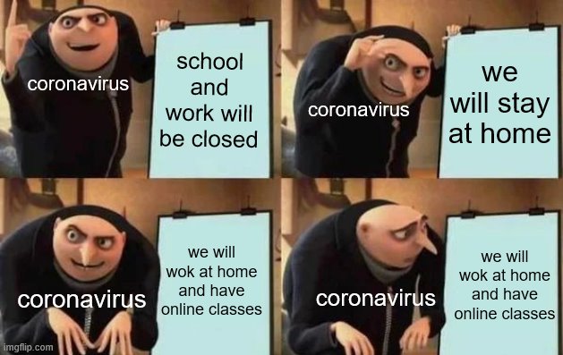 Gru's Plan | school and work will be closed; we will stay at home; coronavirus; coronavirus; we will wok at home and have online classes; we will wok at home and have online classes; coronavirus; coronavirus | image tagged in gru's plan | made w/ Imgflip meme maker