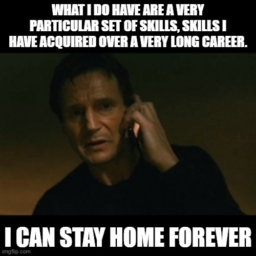 Liam Neeson Taken Meme | WHAT I DO HAVE ARE A VERY PARTICULAR SET OF SKILLS, SKILLS I HAVE ACQUIRED OVER A VERY LONG CAREER. I CAN STAY HOME FOREVER | image tagged in memes,liam neeson taken | made w/ Imgflip meme maker