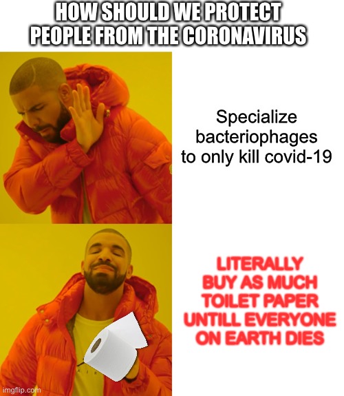 The Bacteriophage thing was just a suggestion , idk if people will actually do that. | HOW SHOULD WE PROTECT PEOPLE FROM THE CORONAVIRUS; Specialize bacteriophages to only kill covid-19; LITERALLY BUY AS MUCH TOILET PAPER UNTILL EVERYONE ON EARTH DIES | image tagged in memes,drake hotline bling | made w/ Imgflip meme maker