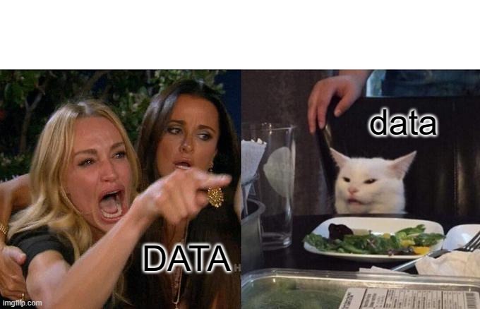 Woman Yelling At Cat Meme | data; DATA | image tagged in memes,woman yelling at cat | made w/ Imgflip meme maker