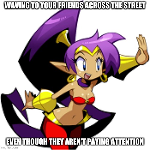 Shantae Waving | WAVING TO YOUR FRIENDS ACROSS THE STREET; EVEN THOUGH THEY AREN'T PAYING ATTENTION | image tagged in shantae waving | made w/ Imgflip meme maker