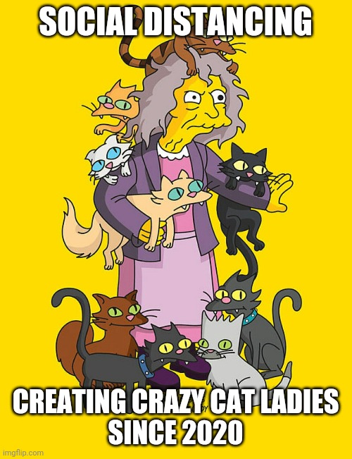 #socialdistancing |  SOCIAL DISTANCING; CREATING CRAZY CAT LADIES
SINCE 2020 | image tagged in crazy cat lady,social distancing,coronavirus,simpsons,2020,cats | made w/ Imgflip meme maker