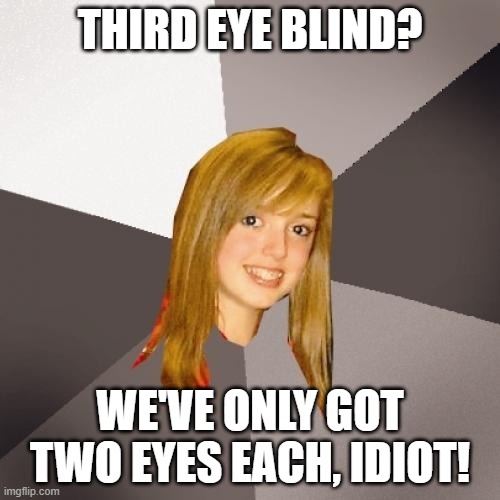 Musically Oblivious 8th Grader | THIRD EYE BLIND? WE'VE ONLY GOT TWO EYES EACH, IDIOT! | image tagged in memes,musically oblivious 8th grader | made w/ Imgflip meme maker