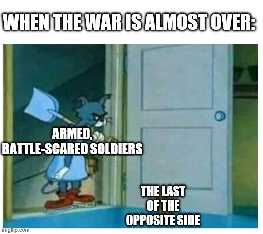 tom and jerry | WHEN THE WAR IS ALMOST OVER:; ARMED, BATTLE-SCARED SOLDIERS; THE LAST OF THE OPPOSITE SIDE | image tagged in tom and jerry | made w/ Imgflip meme maker