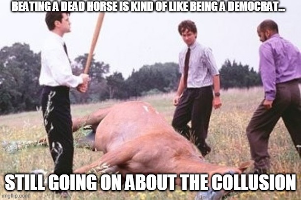 BEATING A DEAD HORSE IS KIND OF LIKE BEING A DEMOCRAT... STILL GOING ON ABOUT THE COLLUSION | image tagged in politics,democrat,republican,funny,memes | made w/ Imgflip meme maker