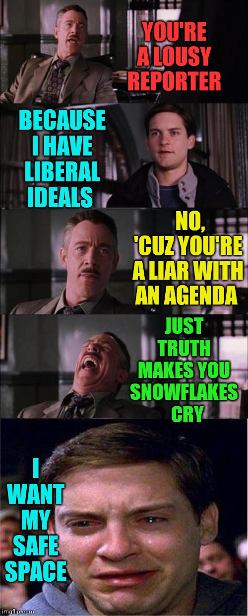 Peter Parker, New York Times Journalist | YOU'RE A LOUSY REPORTER; BECAUSE I HAVE LIBERAL IDEALS; NO, 'CUZ YOU'RE A LIAR WITH AN AGENDA; JUST TRUTH MAKES YOU SNOWFLAKES    CRY; I WANT MY SAFE SPACE | image tagged in peter parker cry,vince vance,spiderman,new york times,snowflakes,liberal tears | made w/ Imgflip meme maker