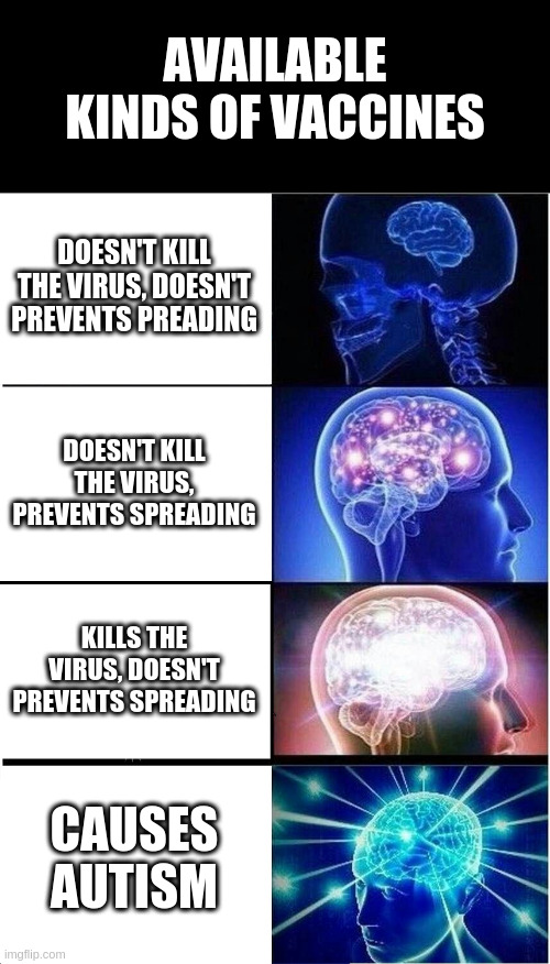 Expanding Brain Meme | DOESN'T KILL THE VIRUS, DOESN'T PREVENTS PREADING DOESN'T KILL THE VIRUS, PREVENTS SPREADING KILLS THE VIRUS, DOESN'T PREVENTS SPREADING CAU | image tagged in memes,expanding brain | made w/ Imgflip meme maker