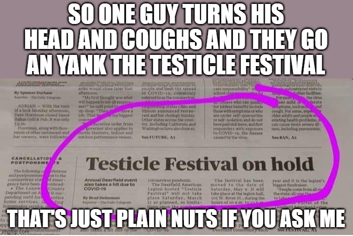 I think I have a wiener. | SO ONE GUY TURNS HIS HEAD AND COUGHS AND THEY GO AN YANK THE TESTICLE FESTIVAL; THAT'S JUST PLAIN NUTS IF YOU ASK ME | image tagged in testicles,festival,coronavirus,deez nuts | made w/ Imgflip meme maker