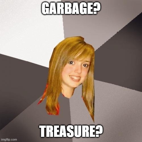 Musically Oblivious 8th Grader | GARBAGE? TREASURE? | image tagged in memes,musically oblivious 8th grader | made w/ Imgflip meme maker