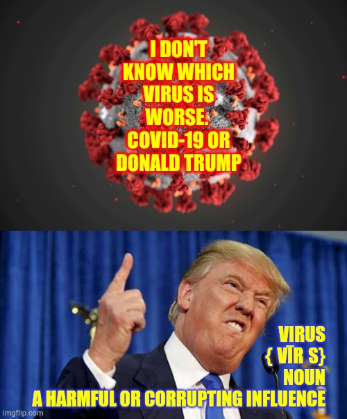 Trump Is The Definition Of Virus | I DON'T KNOW WHICH VIRUS IS WORSE.  COVID-19 OR DONALD TRUMP; VIRUS
{ˈVĪRƏS}
NOUN

A HARMFUL OR CORRUPTING INFLUENCE | image tagged in covid-19,trump unfit unqualified dangerous,memes,liar in chief,coronavirus,lock him up | made w/ Imgflip meme maker