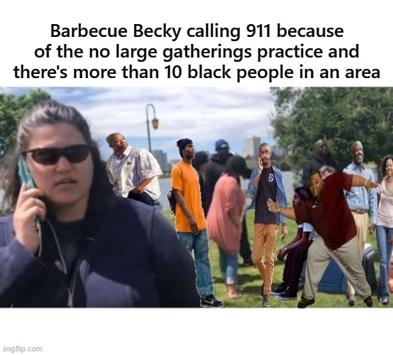 Barbeque Becky 911 More Than 10 Black People | Barbecue Becky calling 911 because of the no large gatherings practice and there's more than 10 black people in an area; COVELL BELLAMY III | image tagged in barbeque becky 911 more than 10 black people | made w/ Imgflip meme maker