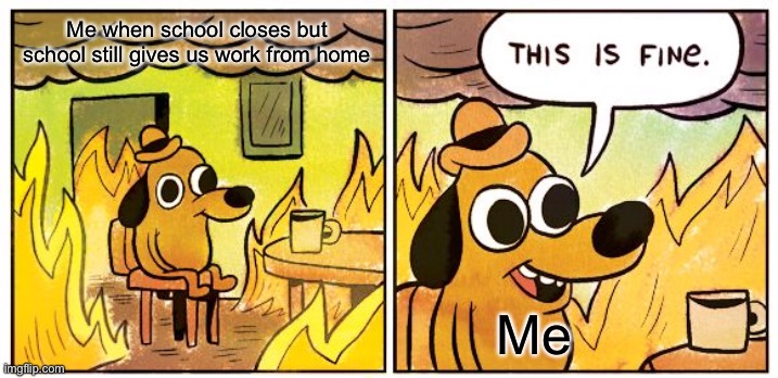 This Is Fine | Me when school closes but school still gives us work from home; Me | image tagged in memes,this is fine | made w/ Imgflip meme maker