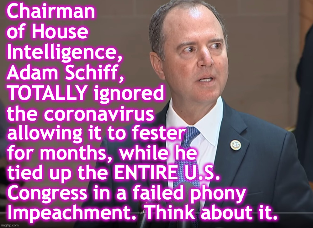 THIS Corruptocrat needs to answer to the People who have suffered | Chairman of House Intelligence, 
Adam Schiff, TOTALLY ignored the coronavirus; allowing it to fester for months, while he tied up the ENTIRE U.S. Congress in a failed phony Impeachment. Think about it. | image tagged in adam schiff,coronavirus,corona | made w/ Imgflip meme maker
