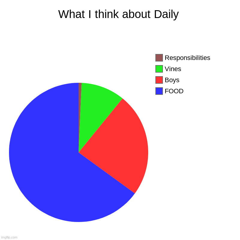 What I think about Daily | FOOD, Boys, Vines, Responsibilities | image tagged in charts,pie charts | made w/ Imgflip chart maker