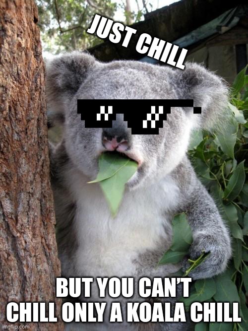 Surprised Koala | JUST CHILL; BUT YOU CAN’T CHILL ONLY A KOALA CHILL | image tagged in memes,surprised koala | made w/ Imgflip meme maker