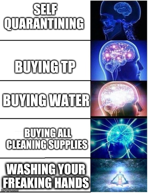 Expanding Brain 5 Panel | SELF QUARANTINING; BUYING TP; BUYING WATER; BUYING ALL CLEANING SUPPLIES; WASHING YOUR FREAKING HANDS | image tagged in expanding brain 5 panel | made w/ Imgflip meme maker