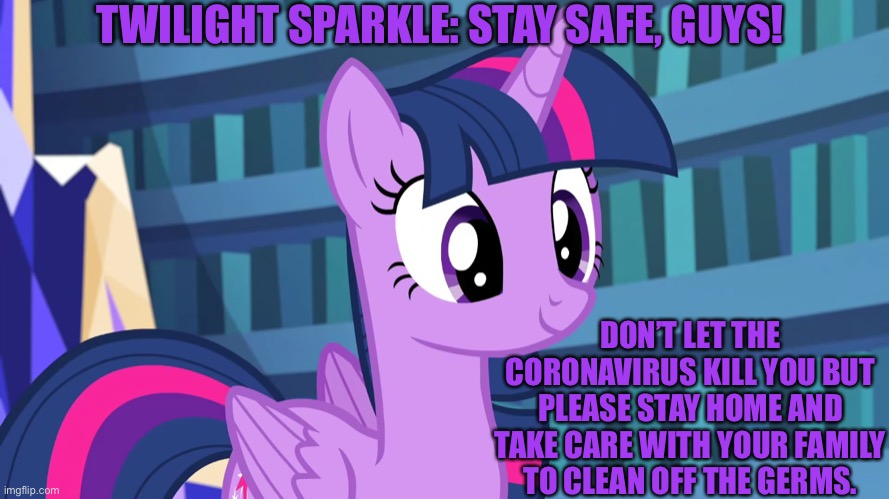 Stay safe and calm with your family | TWILIGHT SPARKLE: STAY SAFE, GUYS! DON’T LET THE CORONAVIRUS KILL YOU BUT PLEASE STAY HOME AND TAKE CARE WITH YOUR FAMILY TO CLEAN OFF THE GERMS. | image tagged in coronavirus,twilight sparkle,mlp fim,memes,family | made w/ Imgflip meme maker