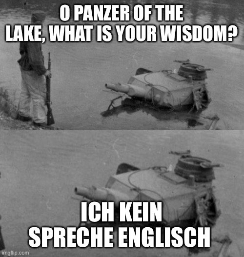 Panzer of the lake | O PANZER OF THE LAKE, WHAT IS YOUR WISDOM? ICH KEIN SPRECHE ENGLISCH | image tagged in panzer of the lake | made w/ Imgflip meme maker