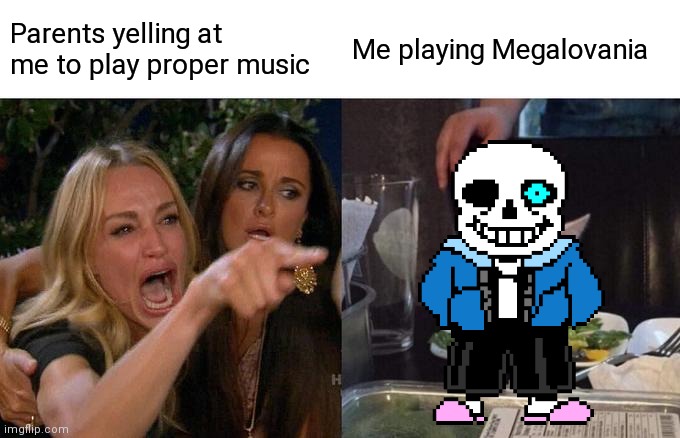 Woman Yelling At Cat | Parents yelling at me to play proper music; Me playing Megalovania | image tagged in memes,woman yelling at cat | made w/ Imgflip meme maker