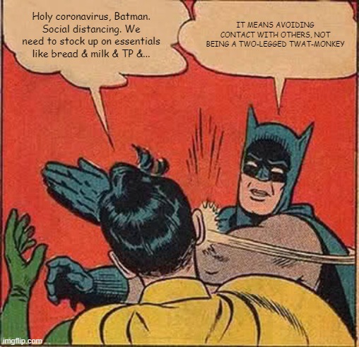 Batman Slapping Robin Meme | Holy coronavirus, Batman.
Social distancing. We need to stock up on essentials like bread & milk & TP &... IT MEANS AVOIDING CONTACT WITH OTHERS, NOT BEING A TWO-LEGGED TWAT-MONKEY | image tagged in memes,batman slapping robin | made w/ Imgflip meme maker