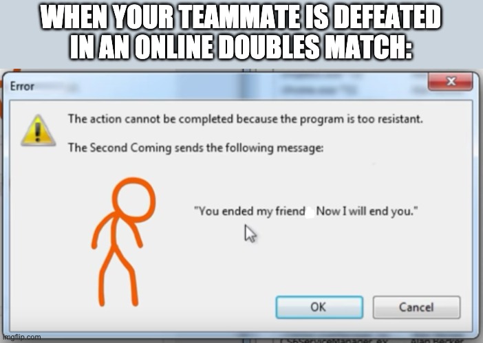 You ended my friends | WHEN YOUR TEAMMATE IS DEFEATED IN AN ONLINE DOUBLES MATCH: | image tagged in you ended my friends | made w/ Imgflip meme maker