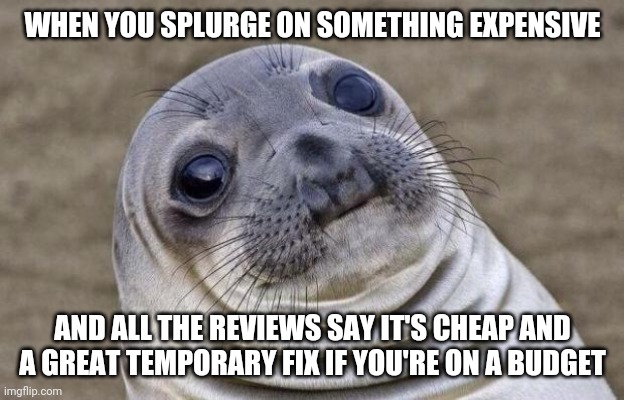 Awkward Moment Sealion Meme | WHEN YOU SPLURGE ON SOMETHING EXPENSIVE; AND ALL THE REVIEWS SAY IT'S CHEAP AND A GREAT TEMPORARY FIX IF YOU'RE ON A BUDGET | image tagged in memes,awkward moment sealion | made w/ Imgflip meme maker