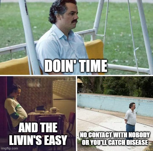 We may have a theme song for this period of history | DOIN' TIME; AND THE LIVIN'S EASY; NO CONTACT WITH NOBODY OR YOU'LL CATCH DISEASE | image tagged in memes,sad pablo escobar,doin time,shelter in place,social distancing,coronavirus | made w/ Imgflip meme maker