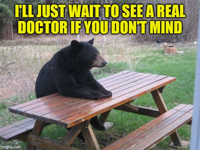 Patient Bear | I'LL JUST WAIT TO SEE A REAL
DOCTOR IF YOU DON'T MIND | image tagged in patient bear | made w/ Imgflip meme maker