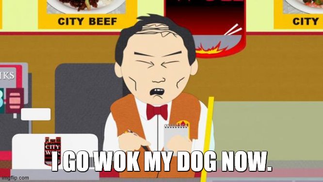 South-Park-Chinese-Guy | I GO WOK MY DOG NOW. | image tagged in south-park-chinese-guy | made w/ Imgflip meme maker